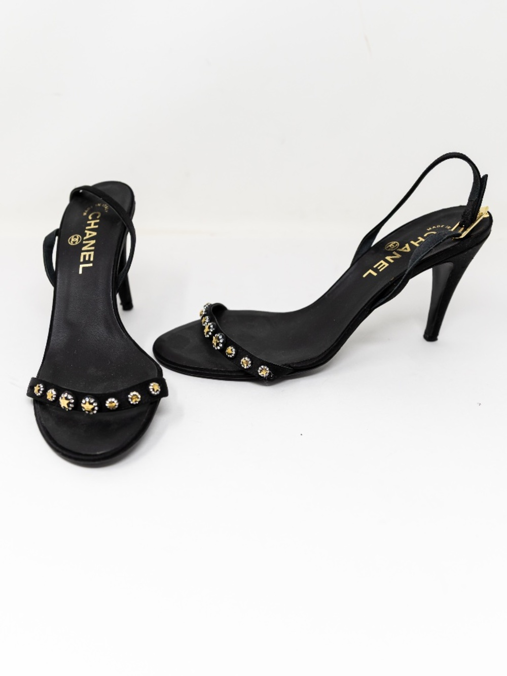 Chanel Silk Satin Star Crystal Jewel Embellished Slingback High Heels Shoes 9